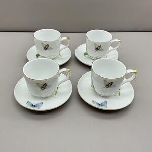 Godinger & Co Butterfly Cup & Saucer Set 4 White Porcelain Gold Trim Demitasse